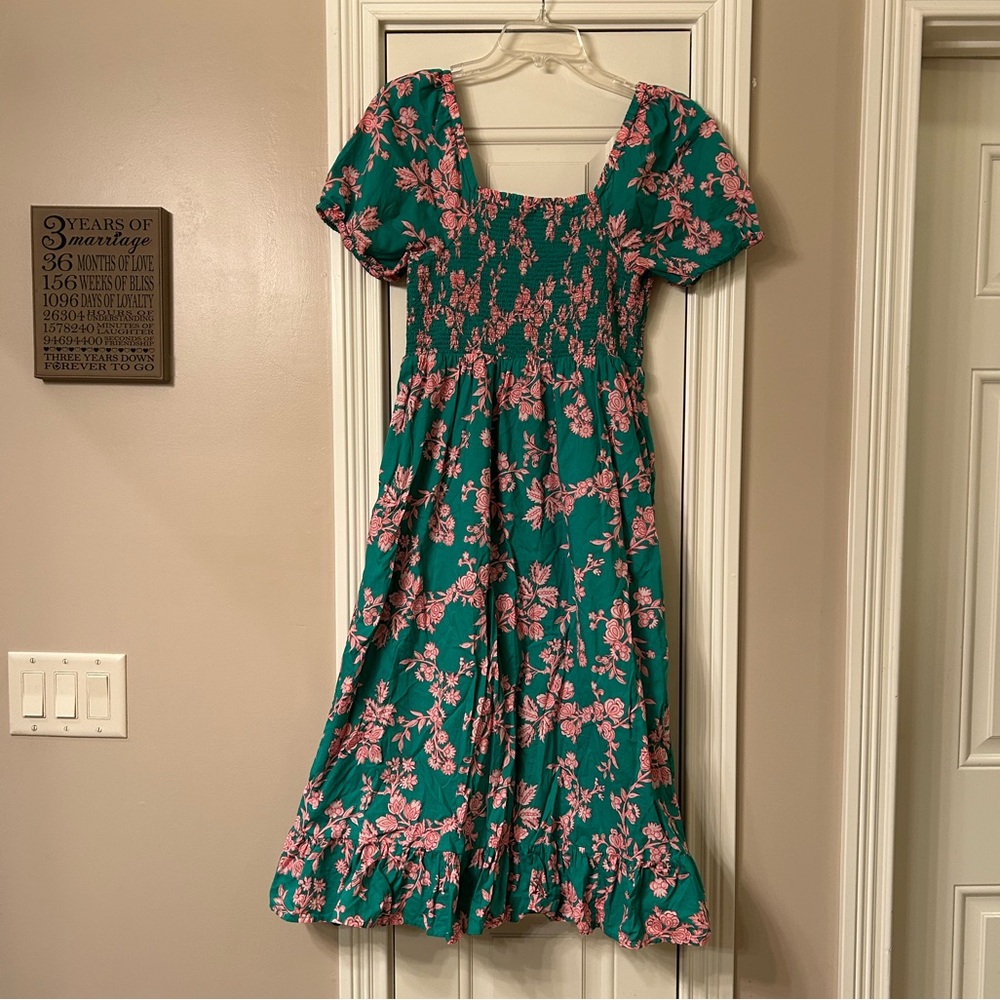 J. Crew Smocked Green and Pink Puff Short Sleeve Floral Dress NEW Sz S - Picture 7 of 7